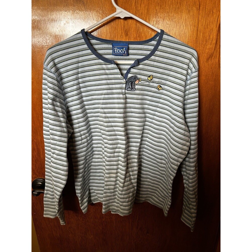 Disney Pooh Striped Henley Long Sleeve Top Womens Large Y2K Casual Embroidered